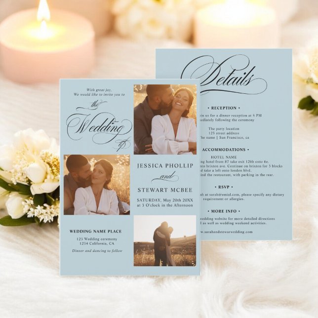Chic blue white all in one script photos wedding  invitation (Chic blue white all in one script photos wedding invitation)