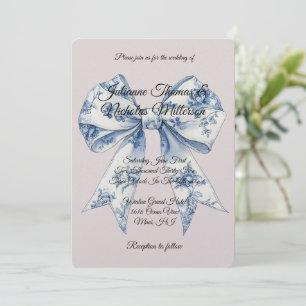 Chic Blue White Bow Blush Pink Wedding Invitation