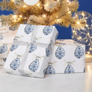 Chic Blue White Bows Ornaments Christmas Wrapping Paper