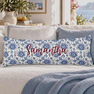 Chic Blue White Chinoiserie Floral Monogram Body Cushion