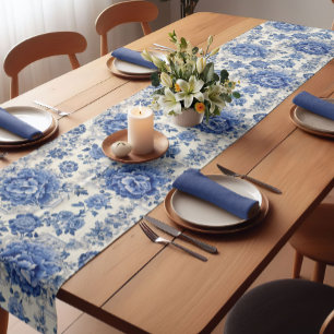 Chic Blue White Chinoiserie Toile Floral Monogram Short Table Runner