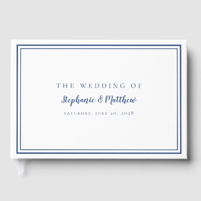 Chic Blue & White Classic Simple Modern Wedding Guest Book (Front)
