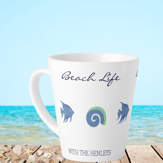 Chic Blue White Fish and Shell Family Beach House Latte Mug (Creator Uploaded)