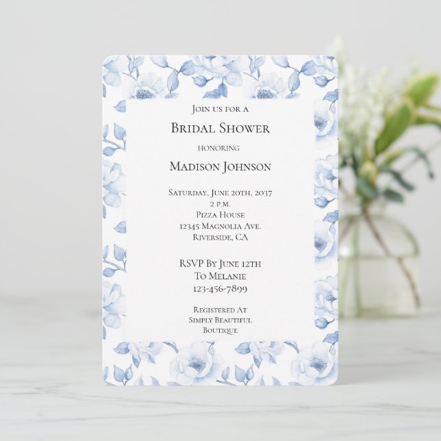 Chic Blue White Floral Bridal Shower Invitation (Standing Front)