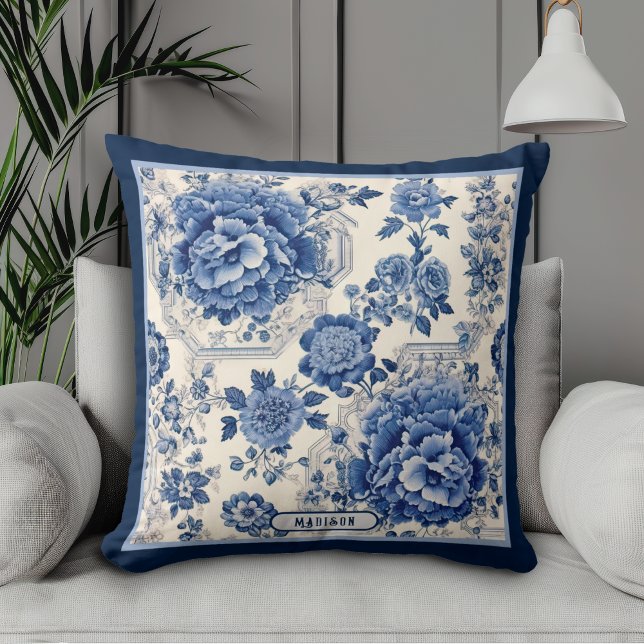 Chic Blue white floral chinoiserie toile monogram Cushion (Creator Uploaded)