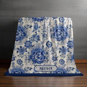 Chic Blue white floral chinoiserie toile monogram Fleece Blanket