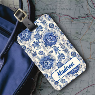 Chic Blue white floral chinoiserie toile monogram Luggage Tag