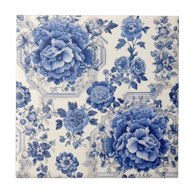 Chic Blue white floral chinoiserie toile monogram Tile (Front)