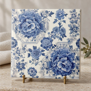 Chic Blue white floral chinoiserie toile monogram Tile