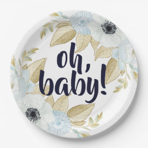 Chic Blue & White Floral Oh Baby Baby Shower Paper Plate