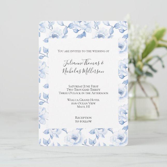 Chic Blue White Floral Wedding Invitation (Standing Front)