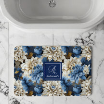 Chic Blue White Flowers Personalised Bath Mat