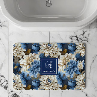 Chic Blue White Flowers Personalised Bath Mat