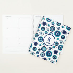 Chic Blue White Greek Evil Eye Monogram Planner