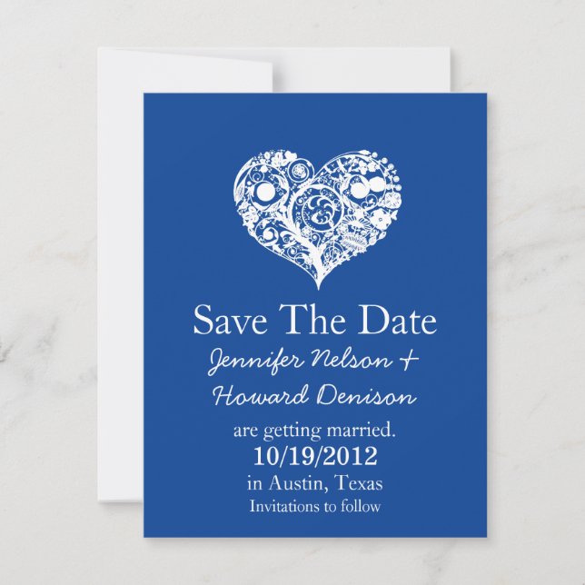 Chic Blue & White Heart Wedding Announcement (Front)