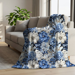 Chic Blue White Ivory Floral Cosy Soft Fleece Sherpa Blanket