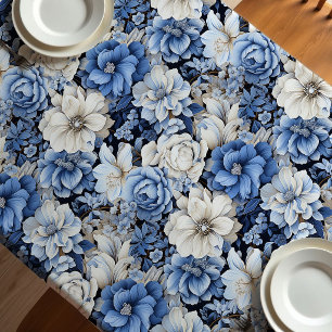 Chic Blue White Ivory Floral Modern Tablecloth