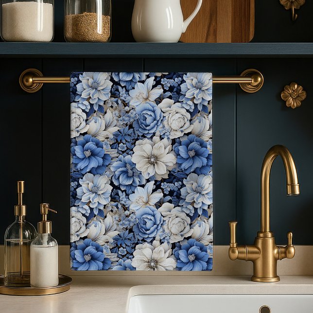 Chic Blue White Ivory Floral Soft Kitchen Hand   Tea Towel (Chic Blue White Ivory Floral Soft Kitchen Hand Towel)