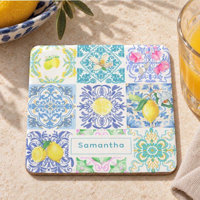 Chic Blue White Mediterranean Amalfi Tile Pattern Stone Coaster (Creator Uploaded)