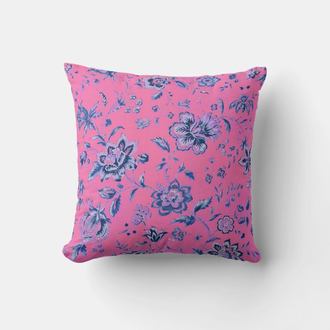 Chic Blue White Pink Floral Tapestry Throw Pillow (Front)