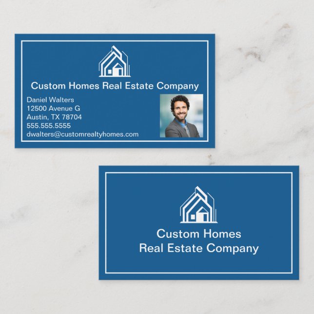 Chic Blue White Real Estate Company Realtor Photo Business Card (Front/Back)
