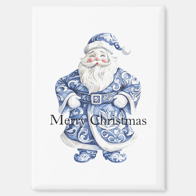 Chic Blue White Santa Christmas Magnet (Front)