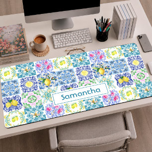 Chic Blue White Sicilian Tile Lemon Pattern Desk Mat