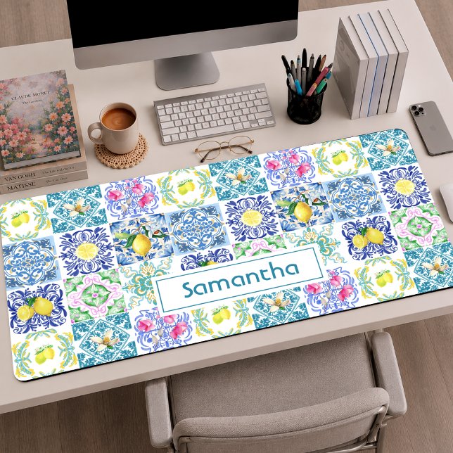Chic Blue White Sicilian Tile Lemon Pattern Desk Mat (Creator Uploaded)