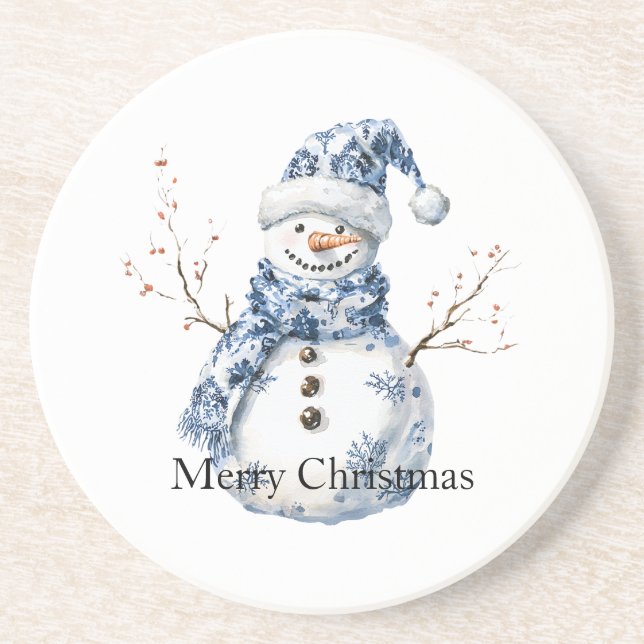 Chic Blue White Snowman Christmas Coaster (Front)