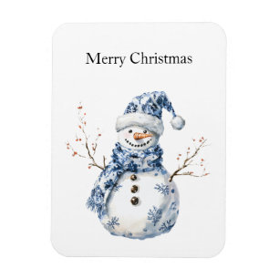 Chic Blue White Snowman Christmas Magnet