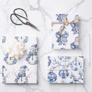 Chic Blue White Snowman Santa Christmas Wrapping Paper Sheet