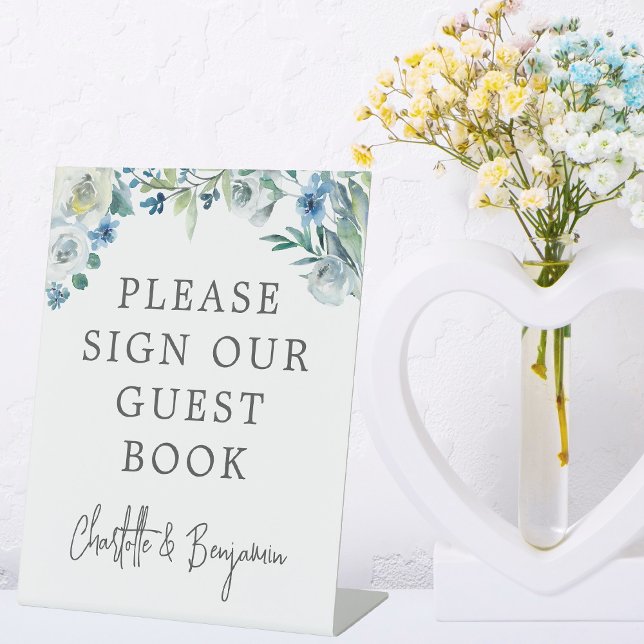 Chic Blue White Spring Floral Guest Book Pedestal Sign (Creator Uploaded)