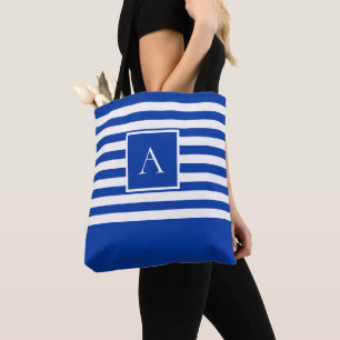 CHIC BLUE WHITE STRIPE Square Letter Monogram Tote Bag