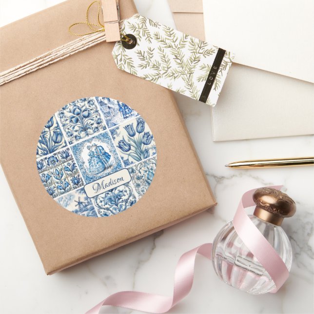 Chic Blue white toile de jouy Dolls and flowers  Classic Round Sticker (Gifting)