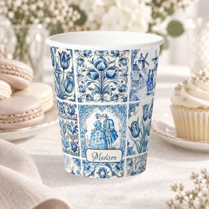 Chic Blue white toile de jouy Dolls and flowers Paper Cups