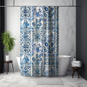 Chic Blue white toile de jouy Dolls and flowers  Shower Curtain