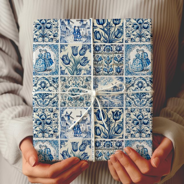 Chic Blue white toile de jouy Dolls and flowers  Wrapping Paper (Creator Uploaded)