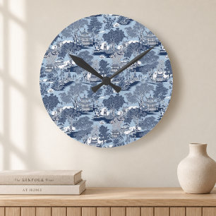 Chic Blue white willow chinoiserie cottage Round Clock