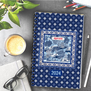 Chic Blue White Willow Toile Chinoiserie Monogram Planner
