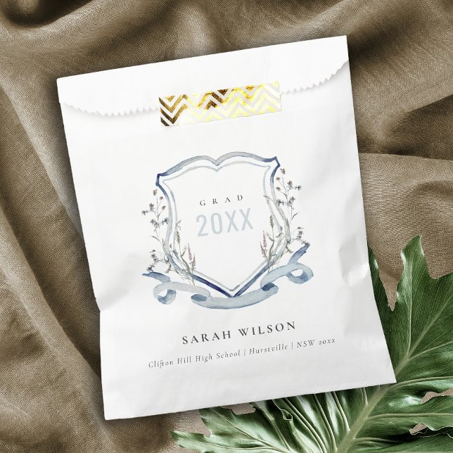 Chic Blue Wildflower Watercolor Crest Graduation Favour Bags (Creator Uploaded)