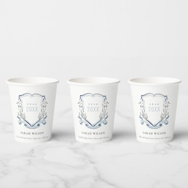 Chic Blue Wildflower Watercolor Crest Graduation Paper Cups (Multi)