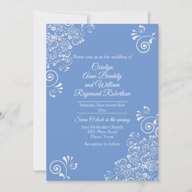 Chic Blue with White Flourishes Wedding Invitation (Front)
