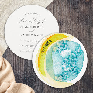 Chic Blue Yellow Abstract Watercolor Art Wedding Invitation