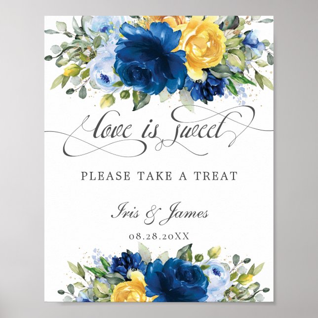 Chic Blue Yellow Floral Love is Sweet Take a Treat Poster (Front)