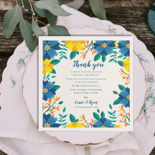 Chic Blue Yellow Floral Wedding Thank you Message Napkin