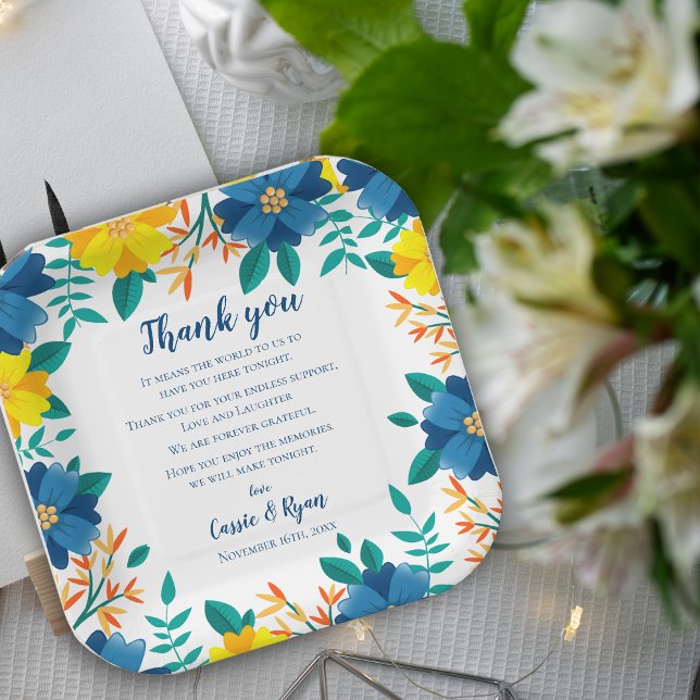 Chic Blue Yellow Floral Wedding Thank you Message Paper Plate (Chic Blue Yellow Floral Wedding Thank you Message Paper Plates)