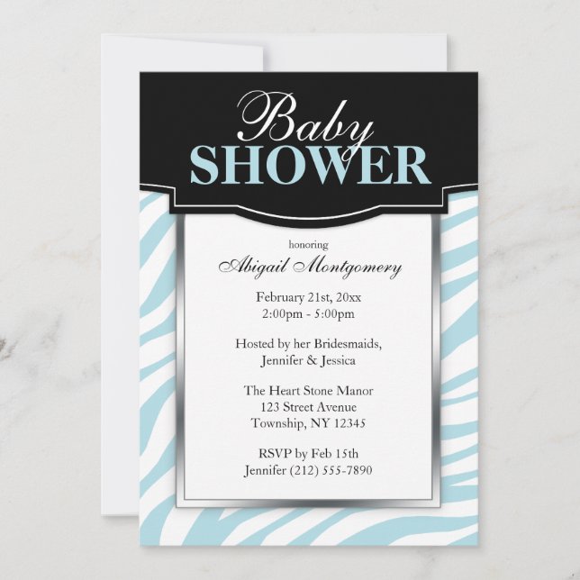 Chic Blue Zebra Print Baby Shower Invitations (Front)
