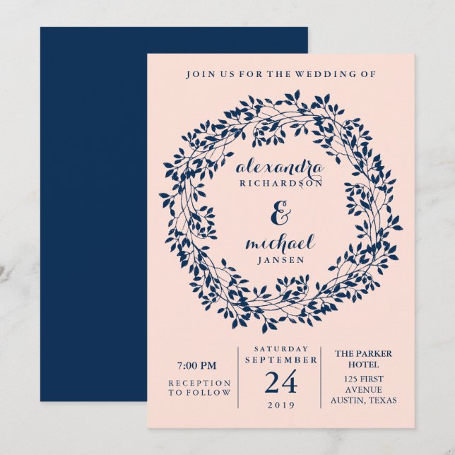 Chic Blush and Navy Botanical Wreath Wedding Invitation (Front/Back)
