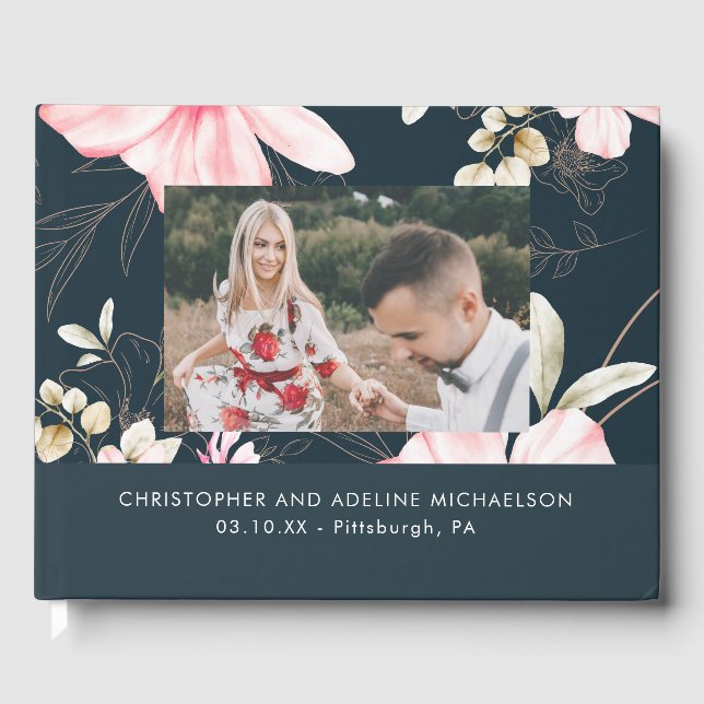 Chic Blush Blue Floral Photo Wedding Guest Book (Front)
