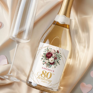 Chic Blush Burgundy 80th Birthday Champagne Labels